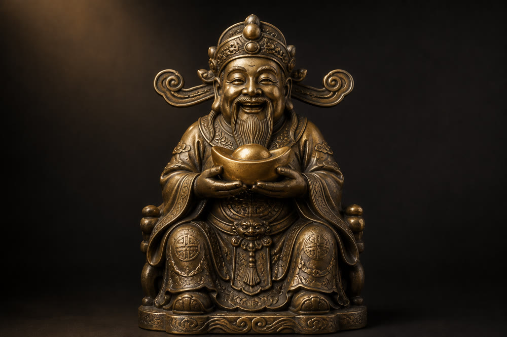 Tượng đồng Thần Tài ngồi ngai, thỏi vàng